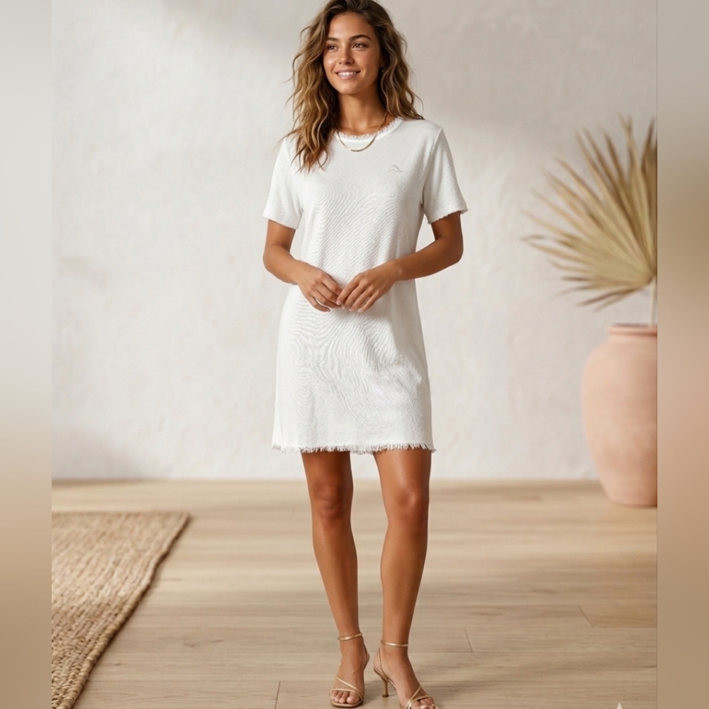 Raquel Allegra White Fringe Trim Classic Shift Dress Size Medium M 6 Short Sleev